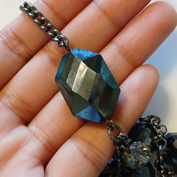 Vera Wang Dark Blue Silver Tone Multi Strand Rhinestone Beaded Ball Bib Necklace - Picture 8 of 11